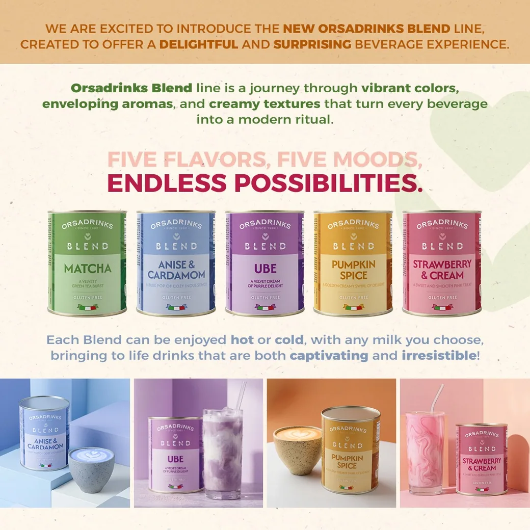 Línea Blend ODK: cinco sabores (Matcha, Anise & Cardamom, UBE, Pumpkin Spice, Strawberry & Cream), fríos o calientes