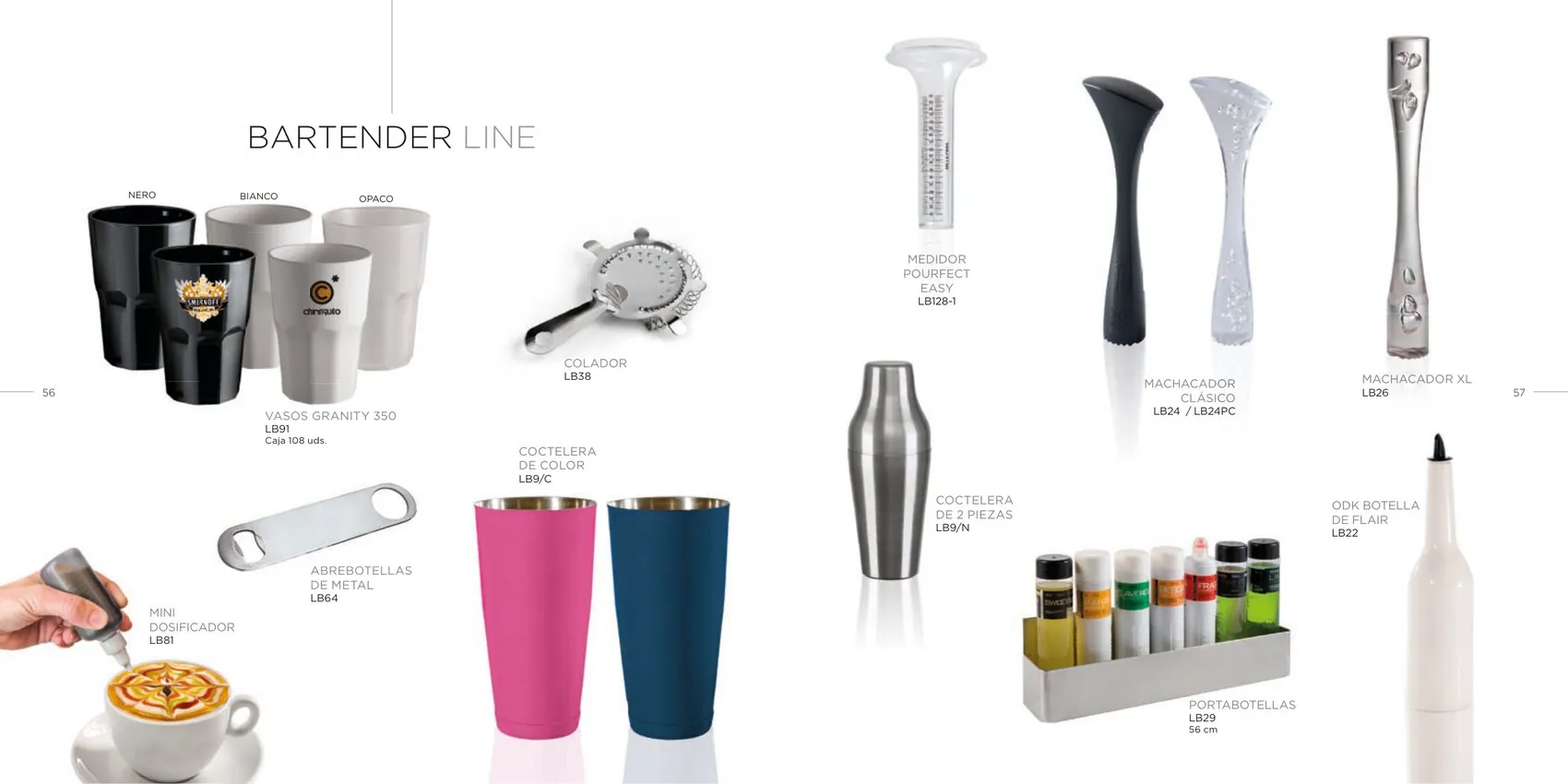 Bartender Line: vasos Granity, coctelera de color, colador, machacador clásico y XL, medidor Pourfect, mini dosificador, portabotellas y botella de flair ODK