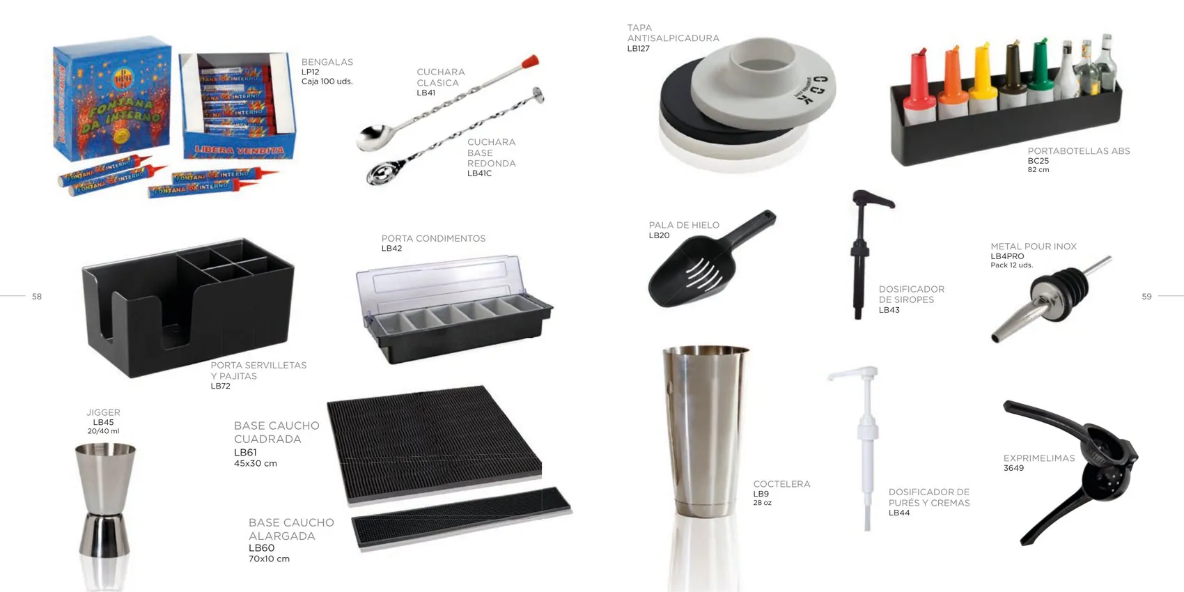 Bartender Line: bases de caucho, porta condimentos, jiggers, cucharas y utensilios de coctelería