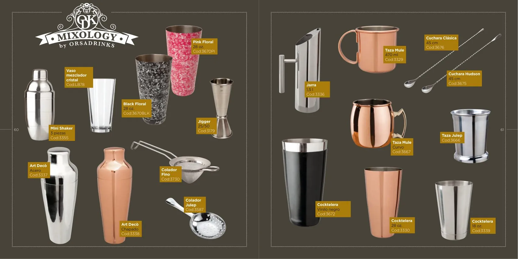 Herramientas de coctelería by Orsadrinks: jigger 25/50, colador Julep, colador fino, mini utensilios