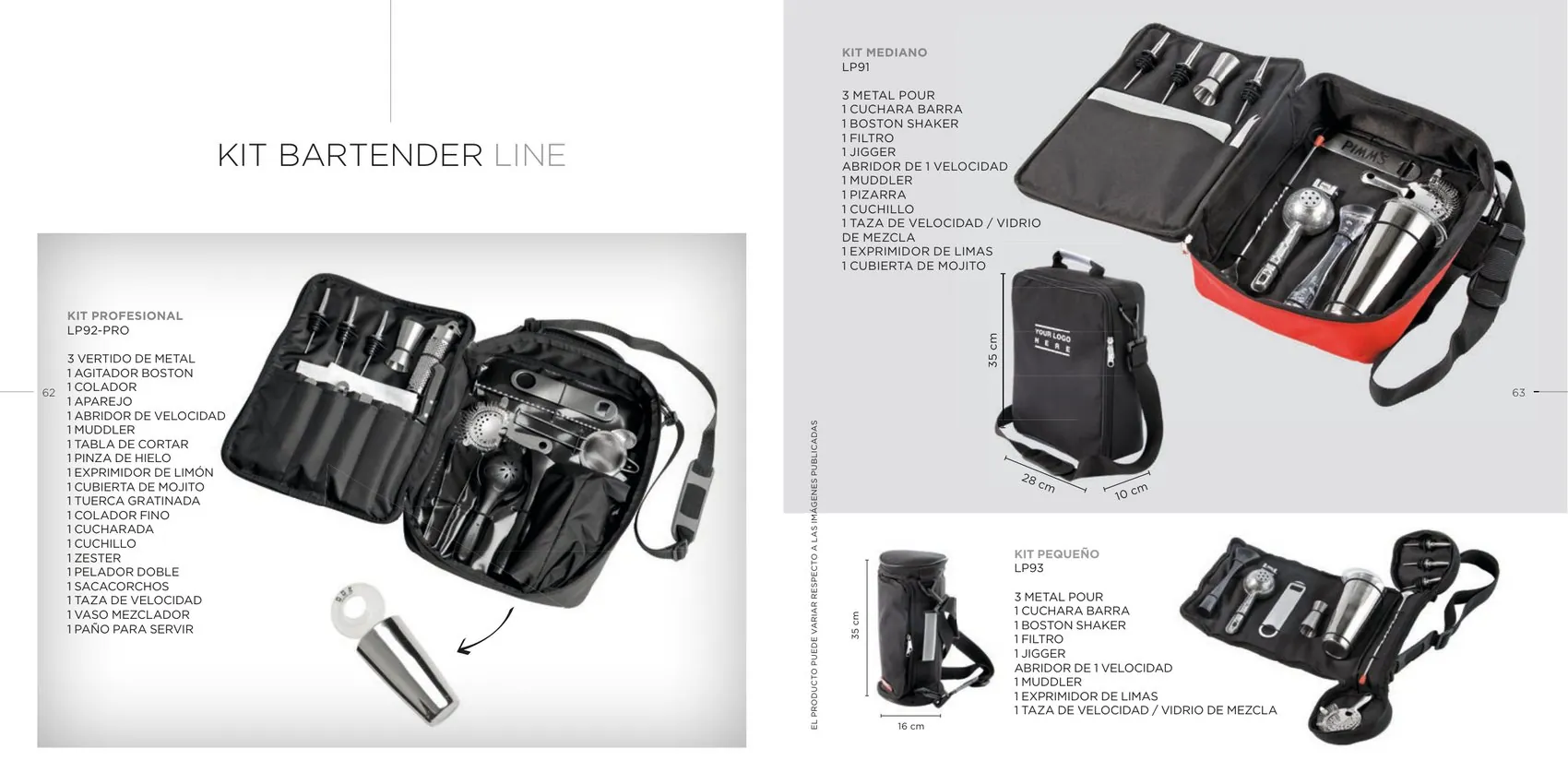 Kit Bartender Line: Kit Profesional LP92-PRO con vertidores, agitador Boston, colador, aparejo y abridor