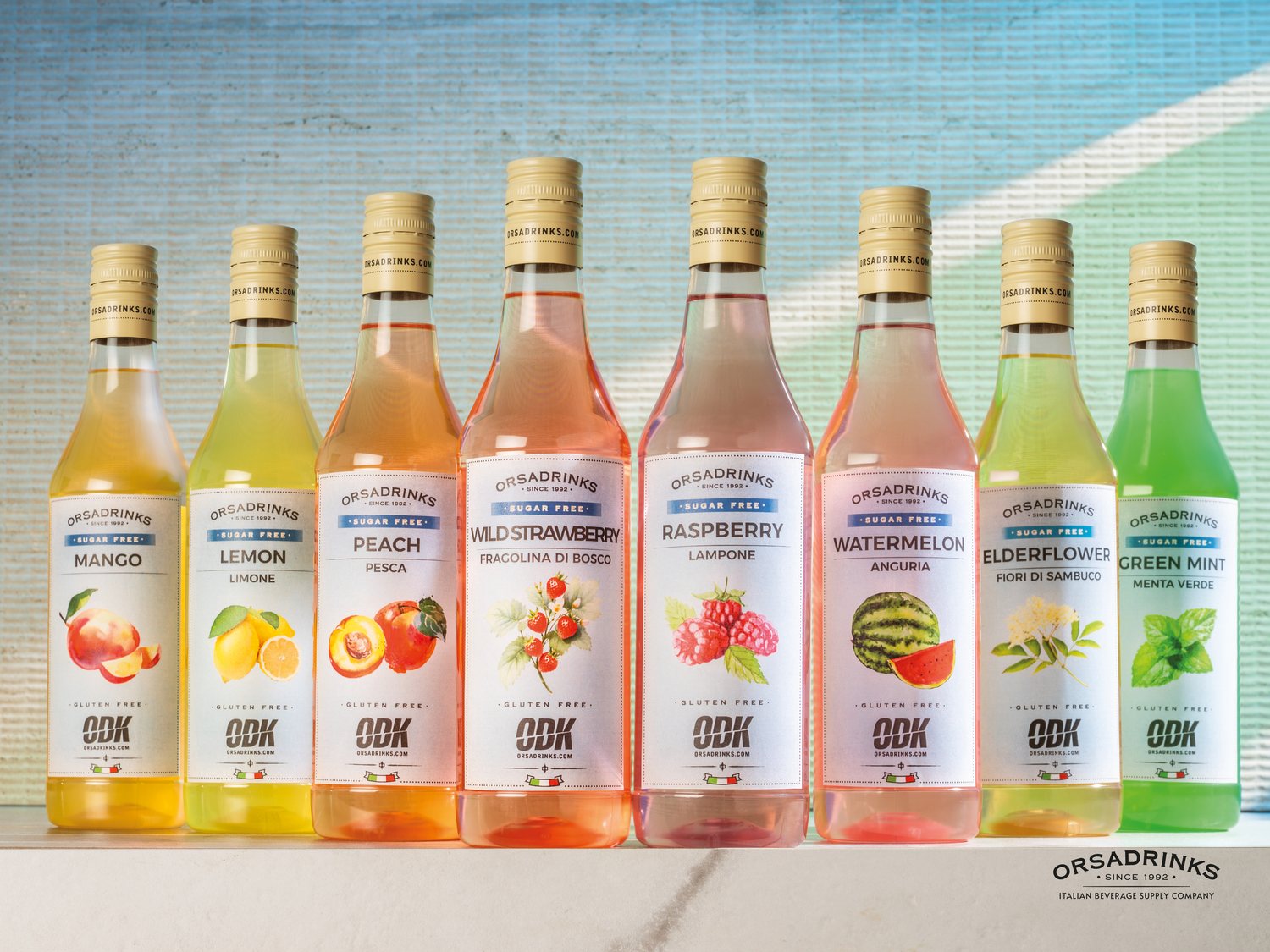 Gama completa de Siropes Sugar Free ODK: mango, limón, melocotón, frambuesa, sandía, saúco y menta