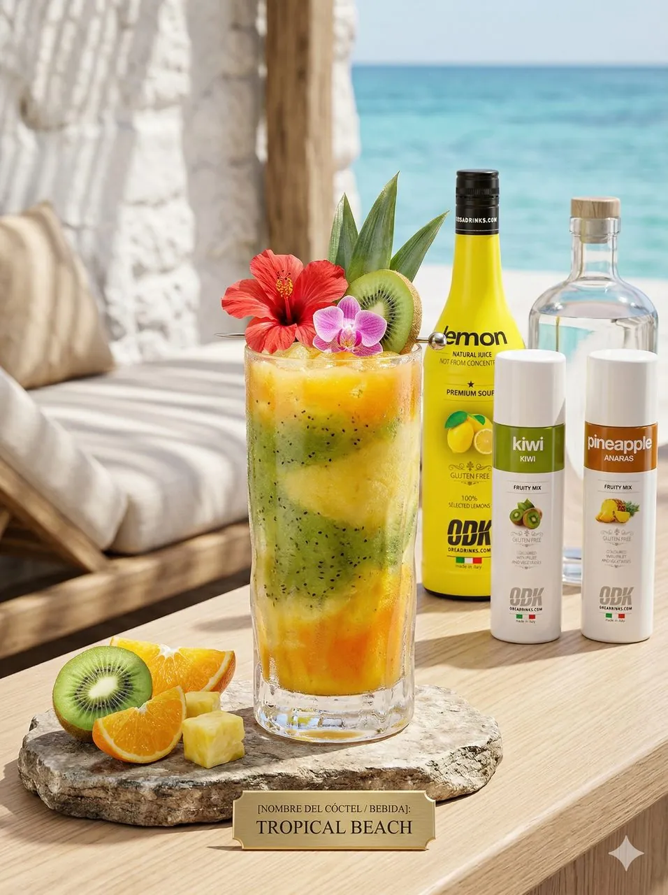 Cóctel tropical con purés y zumos ODK frente al mar de Canarias