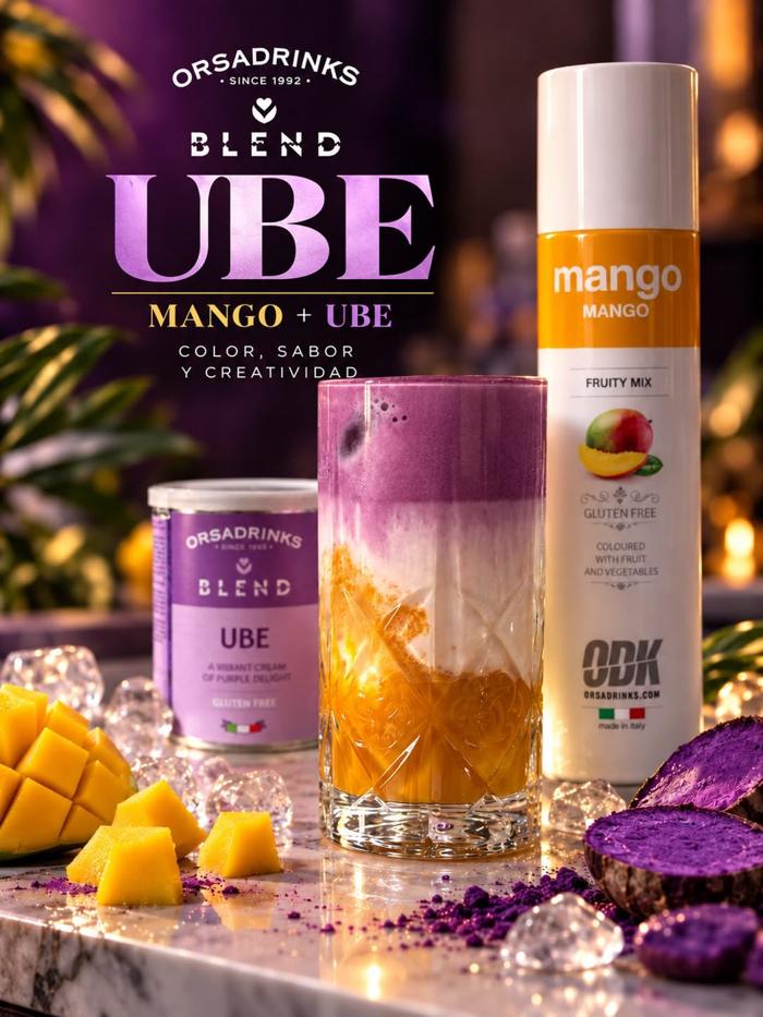 Mango + Ube: Fruity Mix Mango y Blend Ube en un iced latte bicolor