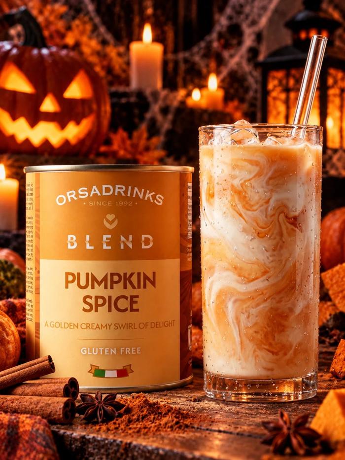 Iced latte de Blend Pumpkin Spice ODK con remolinos dorados en un ambiente de Halloween