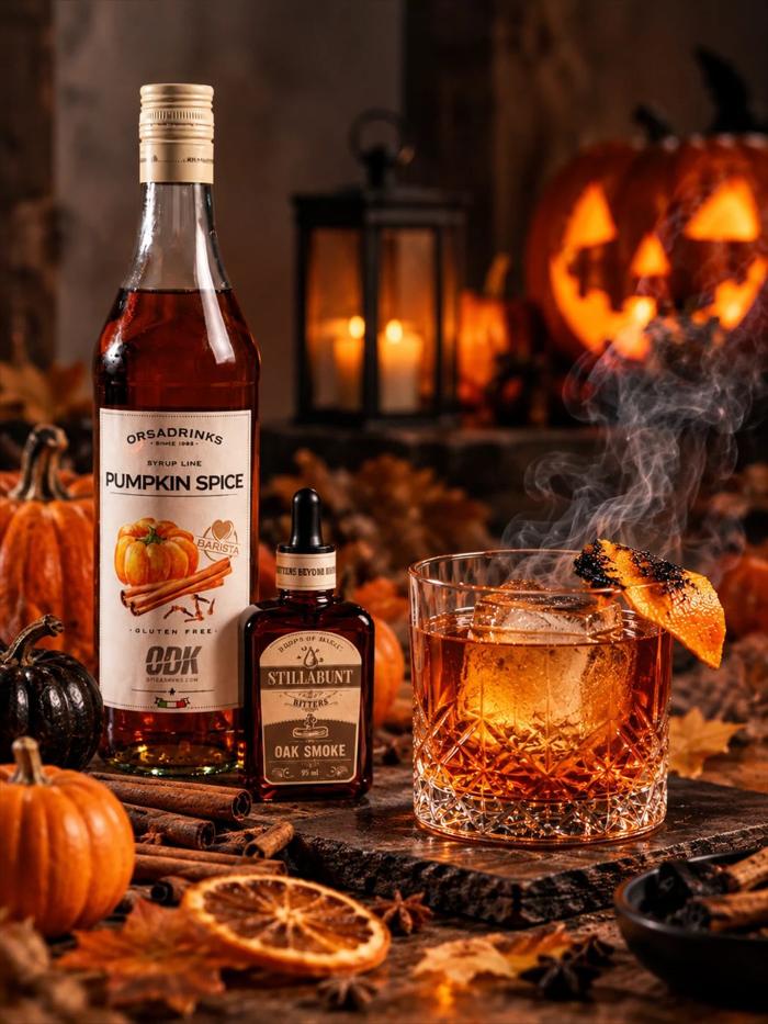 Calabaza Negra: Old Fashioned ahumado con sirope Pumpkin Spice y bitter Oak Smoke Stillabunt, con piel de naranja quemada