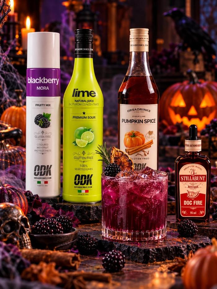 Poción Doc Fire: cóctel morado con Fruity Mix Mora, lima, sirope Pumpkin Spice y bitter Doc Fire Stillabunt