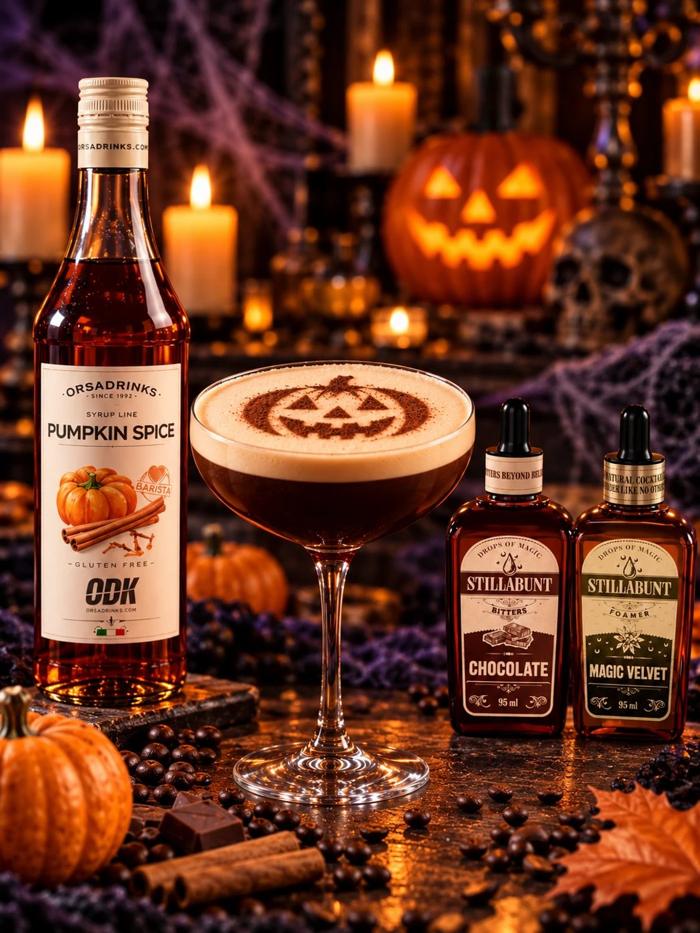 Pumpkin Espresso Martini con calabaza de cacao sobre la espuma, sirope Pumpkin Spice, Magic Velvet y bitter Chocolate Stillabunt
