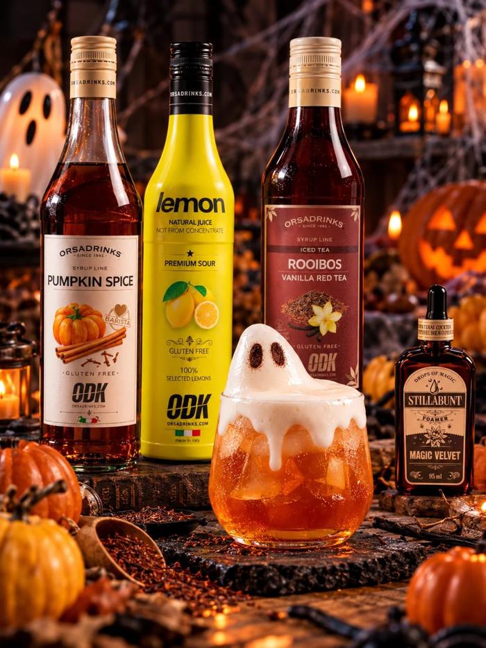Fantasma 0,0: cóctel sin alcohol con espuma de Magic Velvet con forma de fantasma, sirope Pumpkin Spice, limón y té Rooibos Vainilla