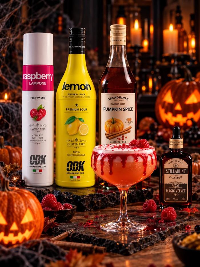 Sangre de Calabaza: sour con Fruity Mix Frambuesa goteando como sangre sobre la espuma de Magic Velvet