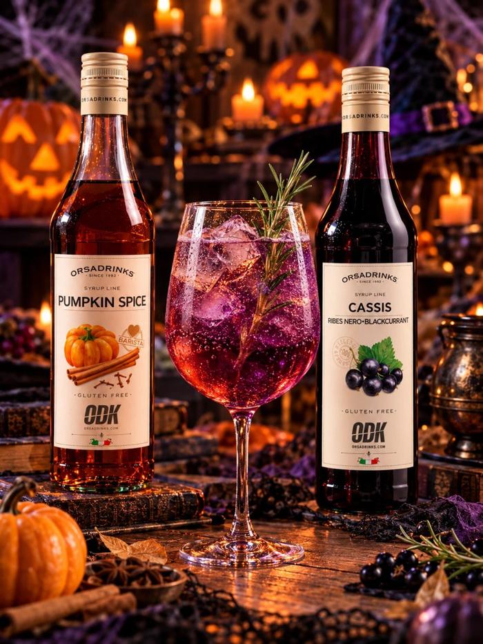 Spritz de Bruja violeta con sirope Pumpkin Spice y sirope Crema de Cassis ODK, con romero